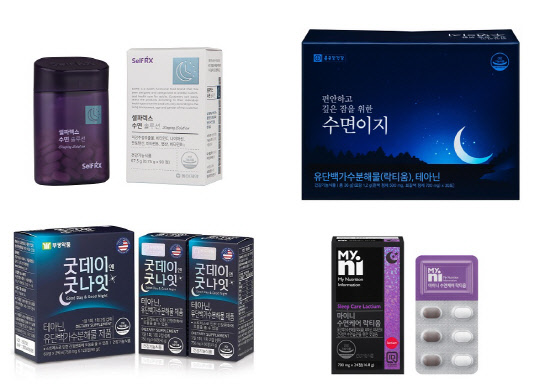 왼쪽 위부터 시계방향으로 동아제약 셀파렉스 수면솔루션, 종근당건강 수면이지, 일동제약 마이니 수면케어 락티움, 부광약품 굿데이엔굿나잇. <각 사 제공>